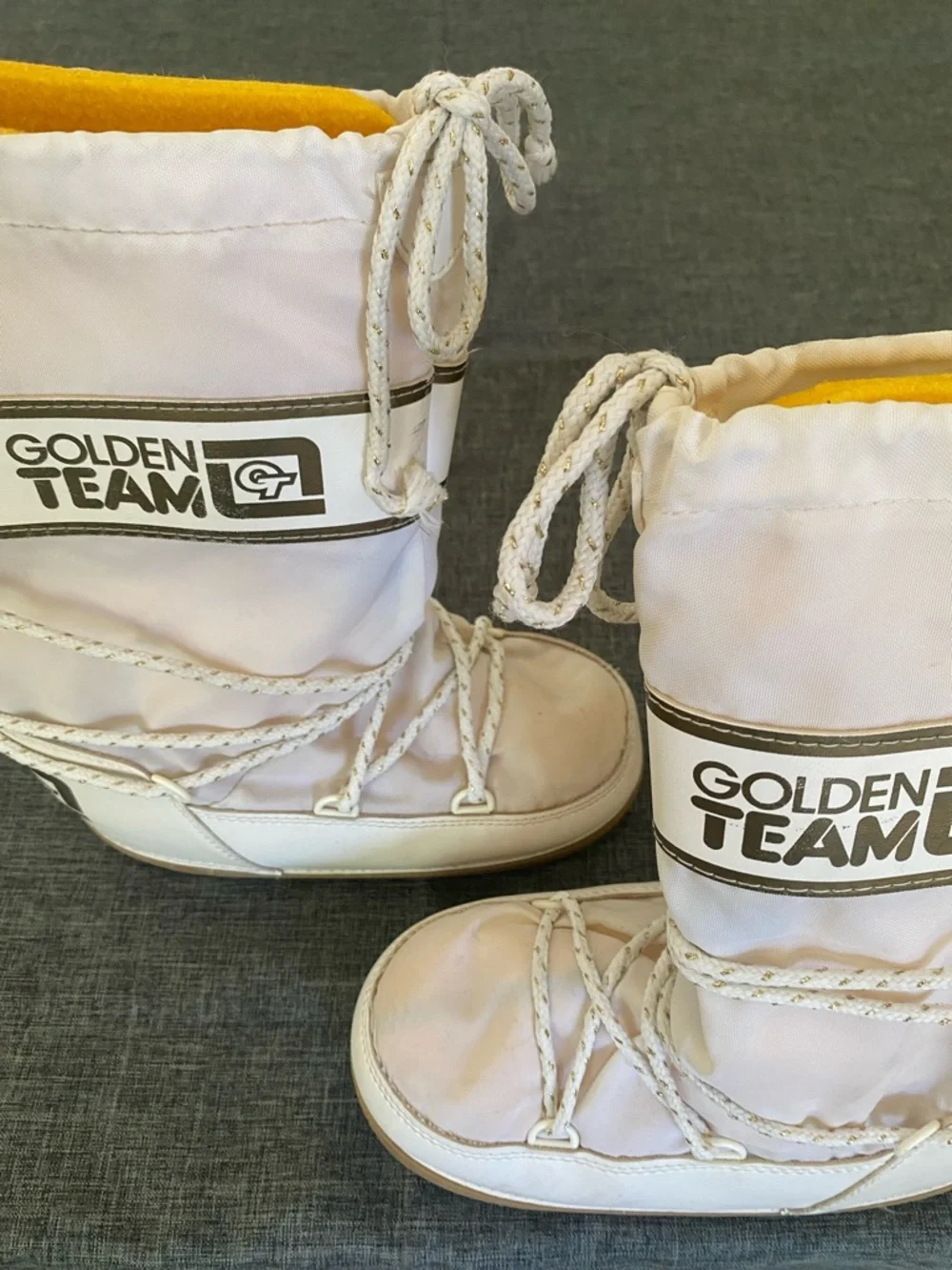 Golden Team White Snow Moon Boots with Tan Sole